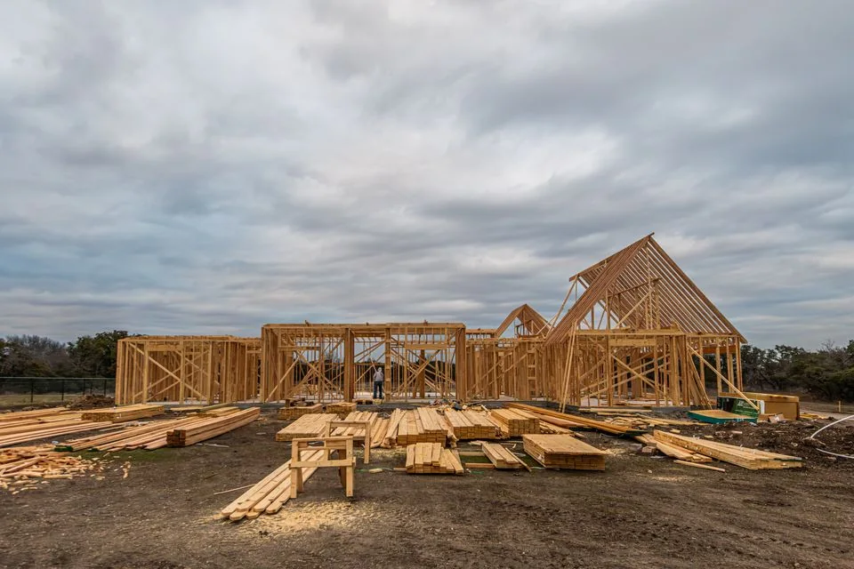 Wood framing of a new house under construction.